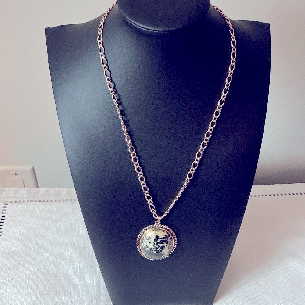 Zebra Marble Gold Tone Pendant Necklace